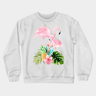 Pink Flamingo + Tropical Foliage + Pinapples Crewneck Sweatshirt